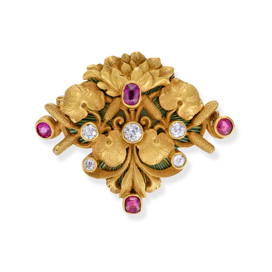 Art Nouveau Ruby & Diamond Foliate Brooch