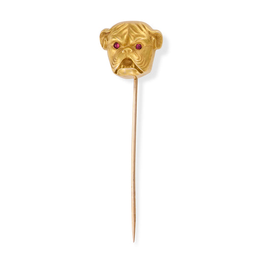 Edwardian 14ct Gold Ruby-Eyed Pug Stickpin, c.1900