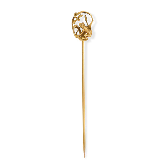 French Art Nouveau 18ct Gold Frog & Dragonfly Stickpin, c.1880