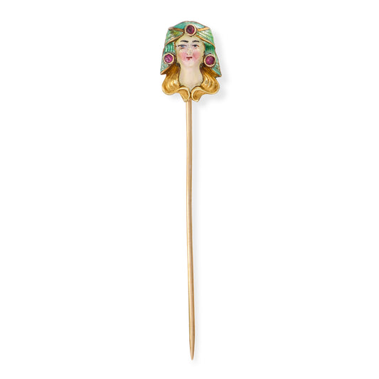Art Nouveau 14ct Gold Enamel & Ruby Egyptian Empress Stickpin, c.1910