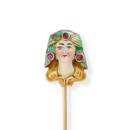 Art Nouveau 14ct Gold Enamel & Ruby Egyptian Empress Stickpin, c.1910