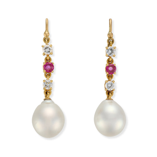 Vintage South Sea Pearl, Ruby & Diamond Drop Earrings