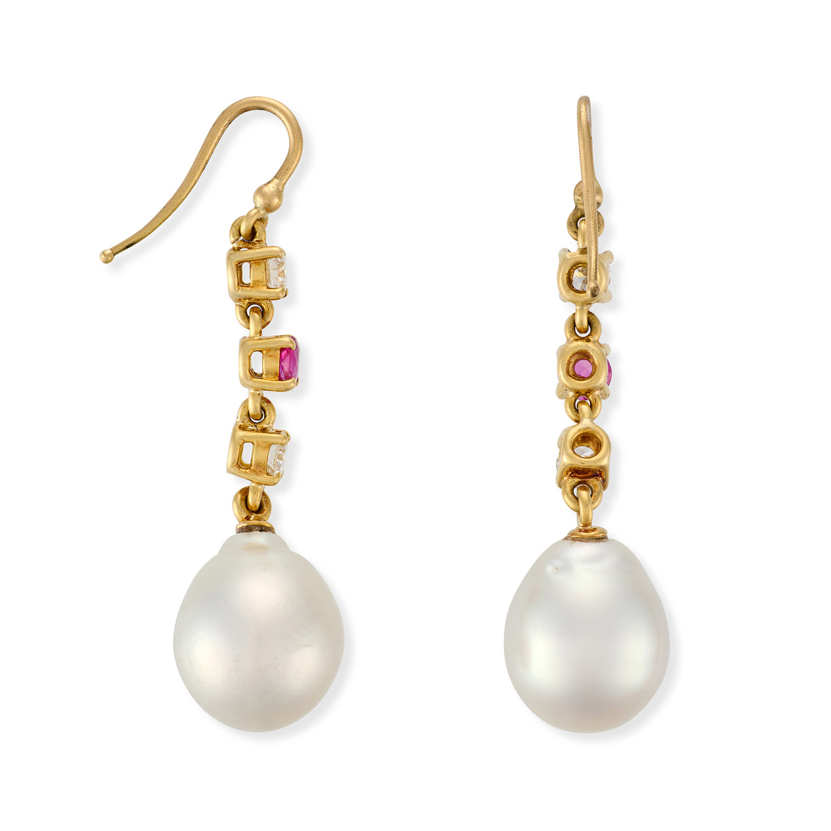 Vintage South Sea Pearl, Ruby & Diamond Drop Earrings