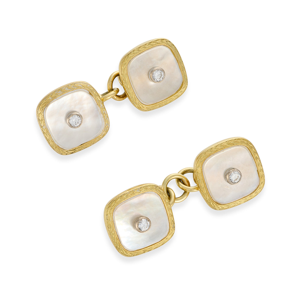 Deakin & Francis 18ct Gold, Mother of Pearl & Diamond Cushion Cufflinks, Birmingham 1985