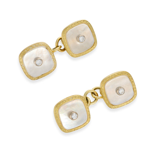 Deakin & Francis 18ct Gold, Mother of Pearl & Diamond Cushion Cufflinks, Birmingham 1985