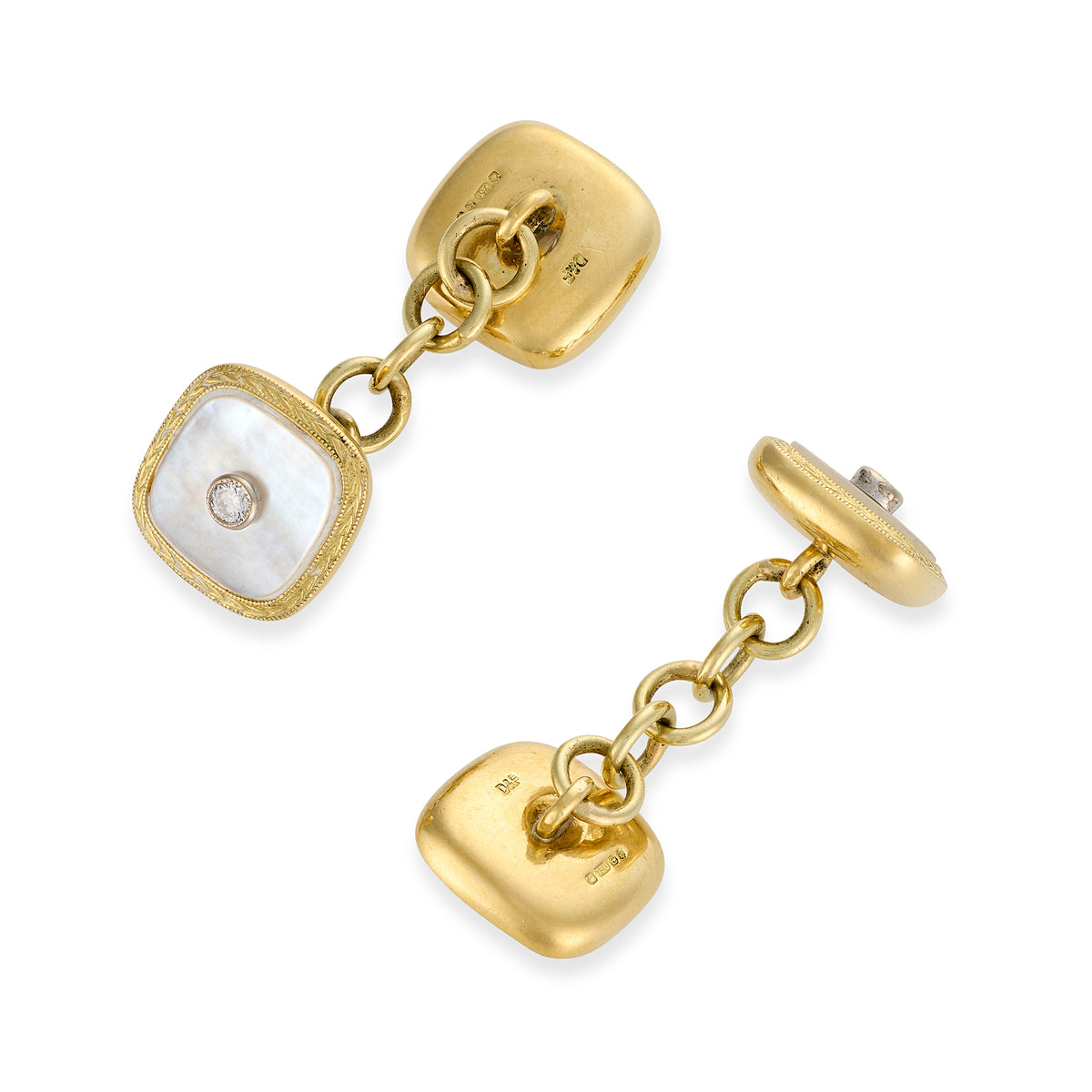 Deakin & Francis 18ct Gold, Mother of Pearl & Diamond Cushion Cufflinks, Birmingham 1985