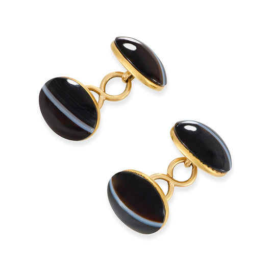 Victorian 15ct Gold Banded Agate Chain-Link Cufflinks, c.1880