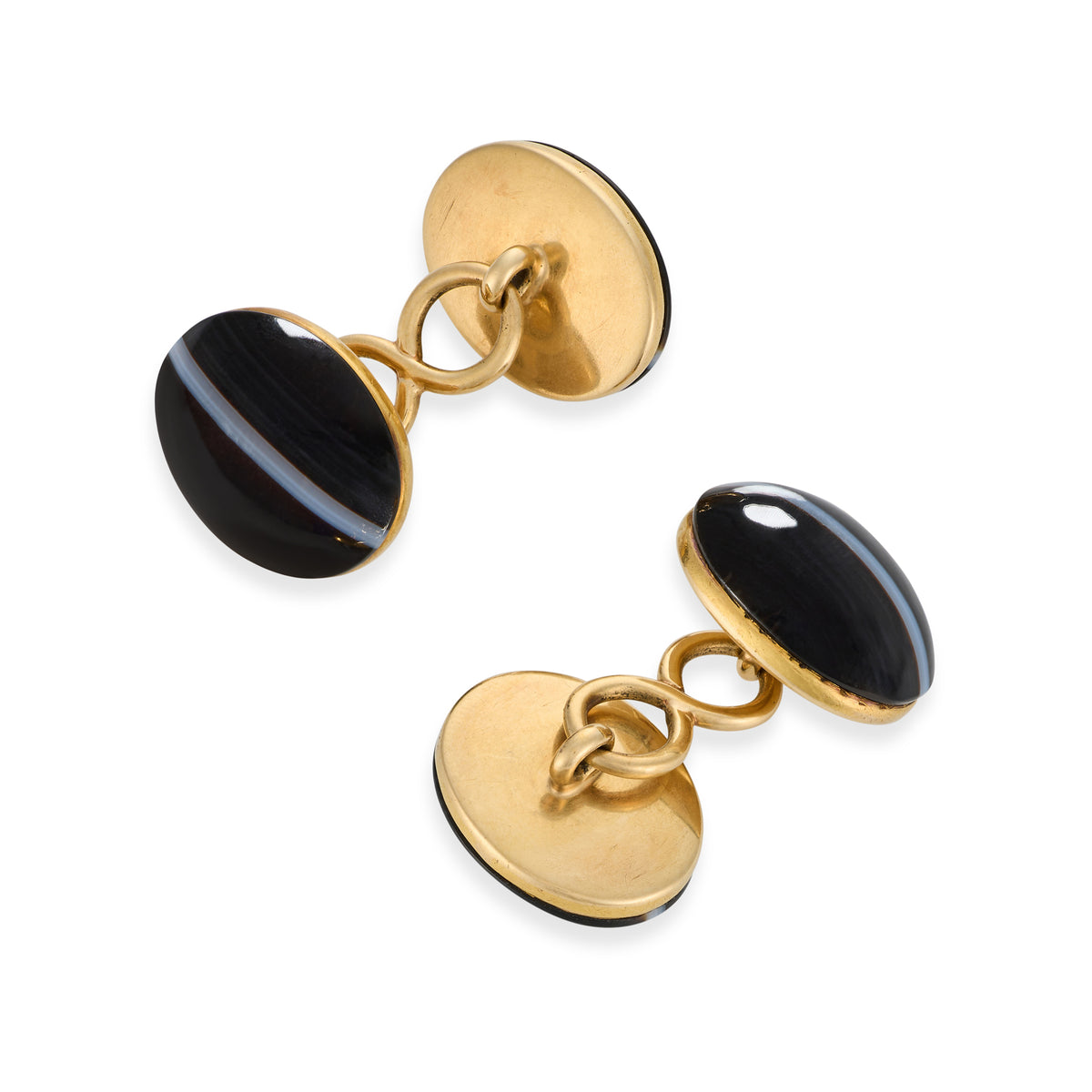Victorian 15ct Gold Banded Agate Chain-Link Cufflinks, c.1880