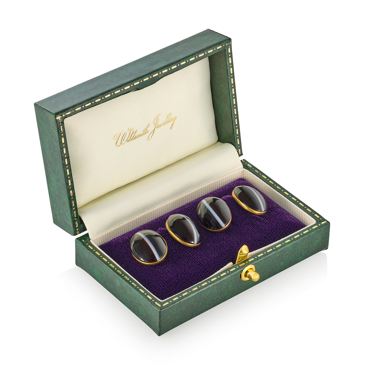 Victorian 15ct Gold Banded Agate Chain-Link Cufflinks, c.1880