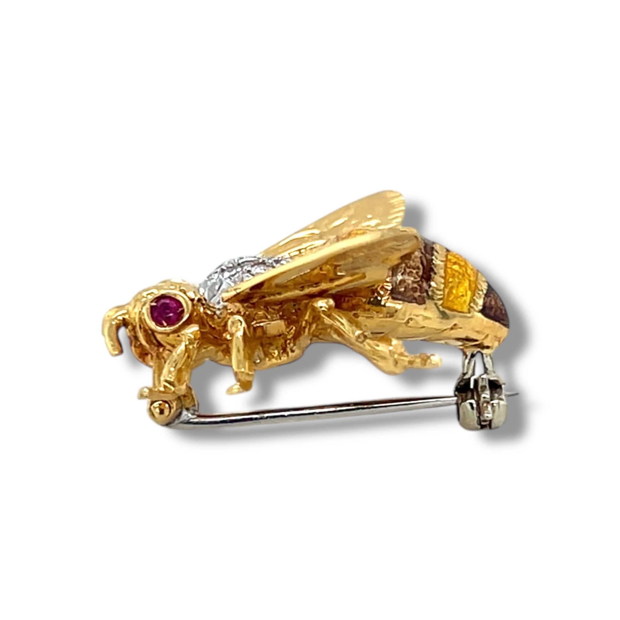Ruby, Diamond & Enamel Bee Brooch 18ct Gold