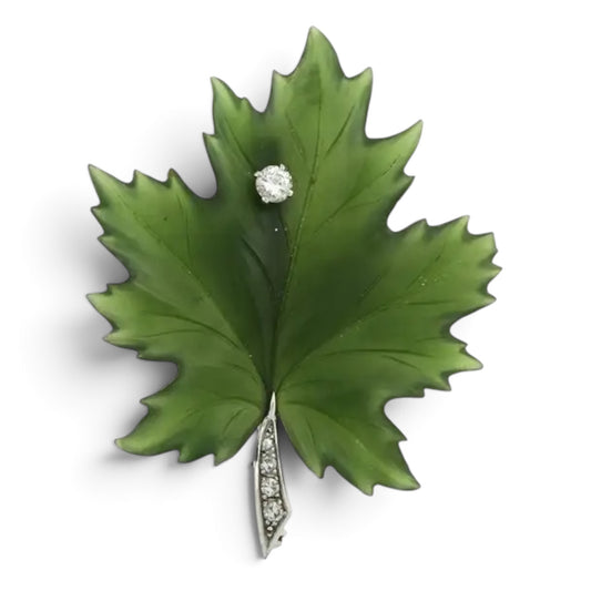 Vintage Nephrite Jade & Diamond Leaf Brooch in 18ct White Gold - Wildsmith Jewellery