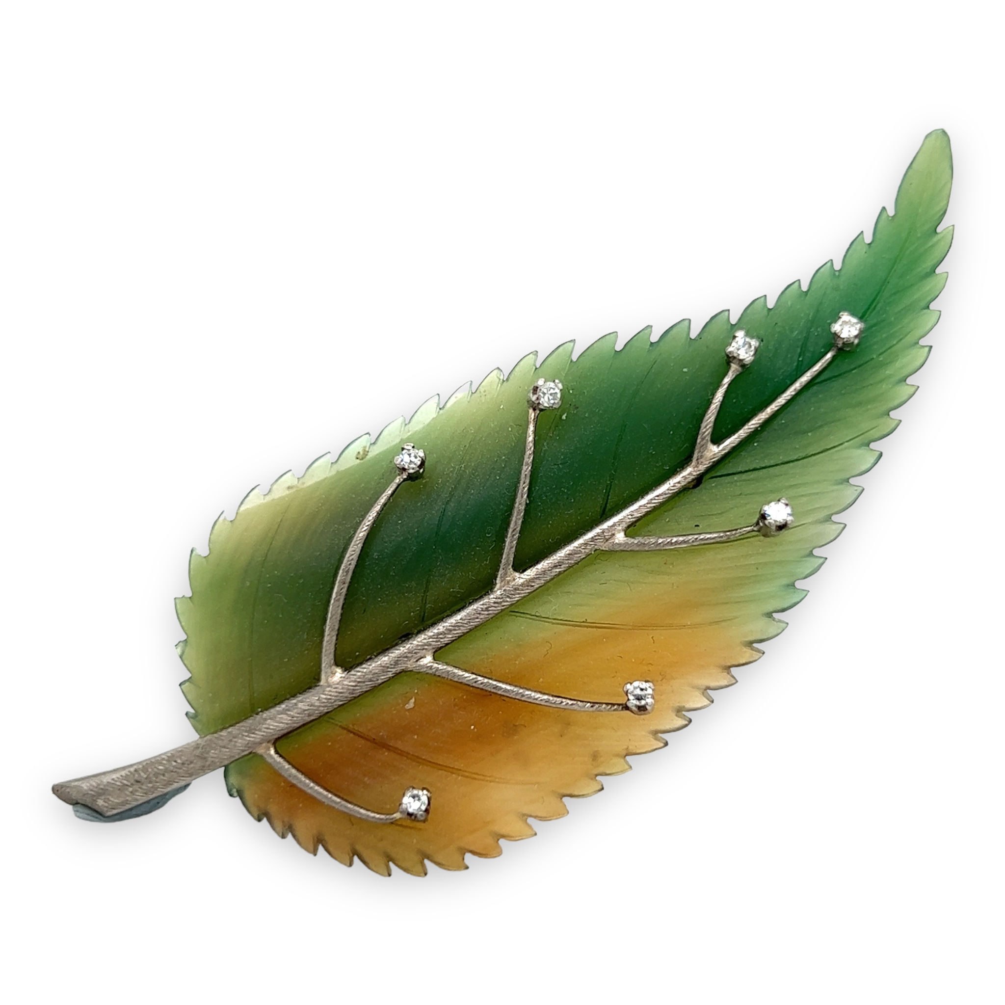 Nephrite, Gold and Diamond Leaf Brooch - Wildsmith Jewellery Brooches