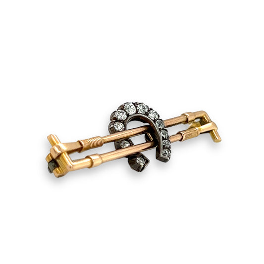 Edwardian 15ct Gold & Diamond Horseshoe & Crop Brooch - Wildsmith Jewellery Brooches & Lapel Pins
