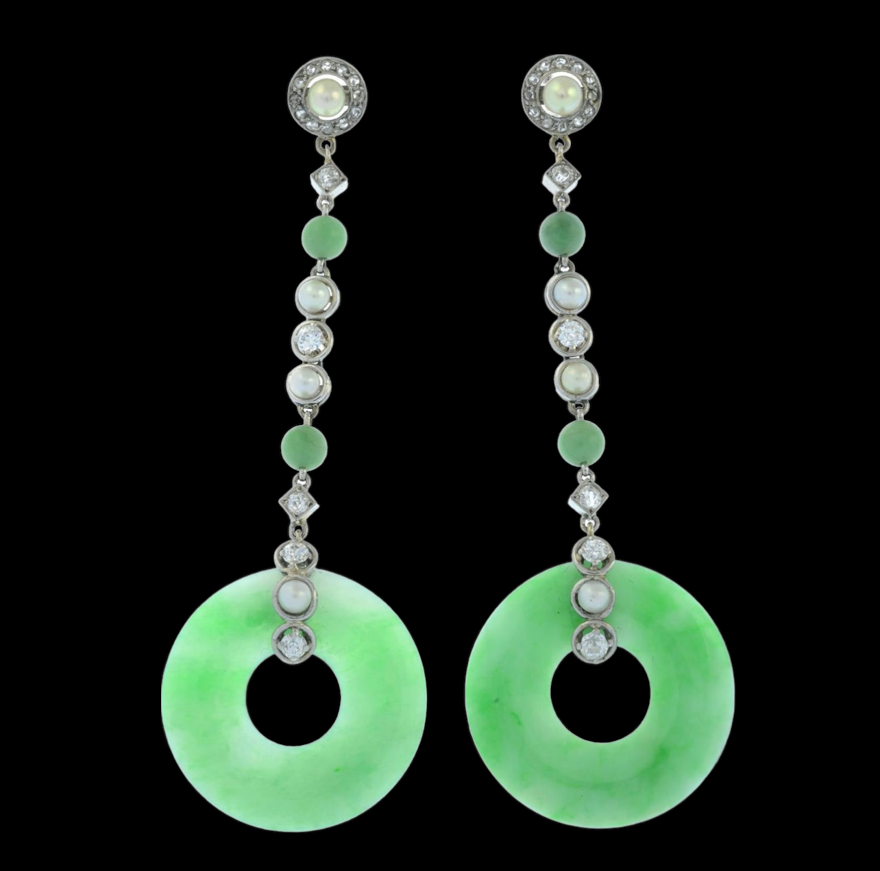 Art Deco Jade Pearl and Diamond Drop Earrings