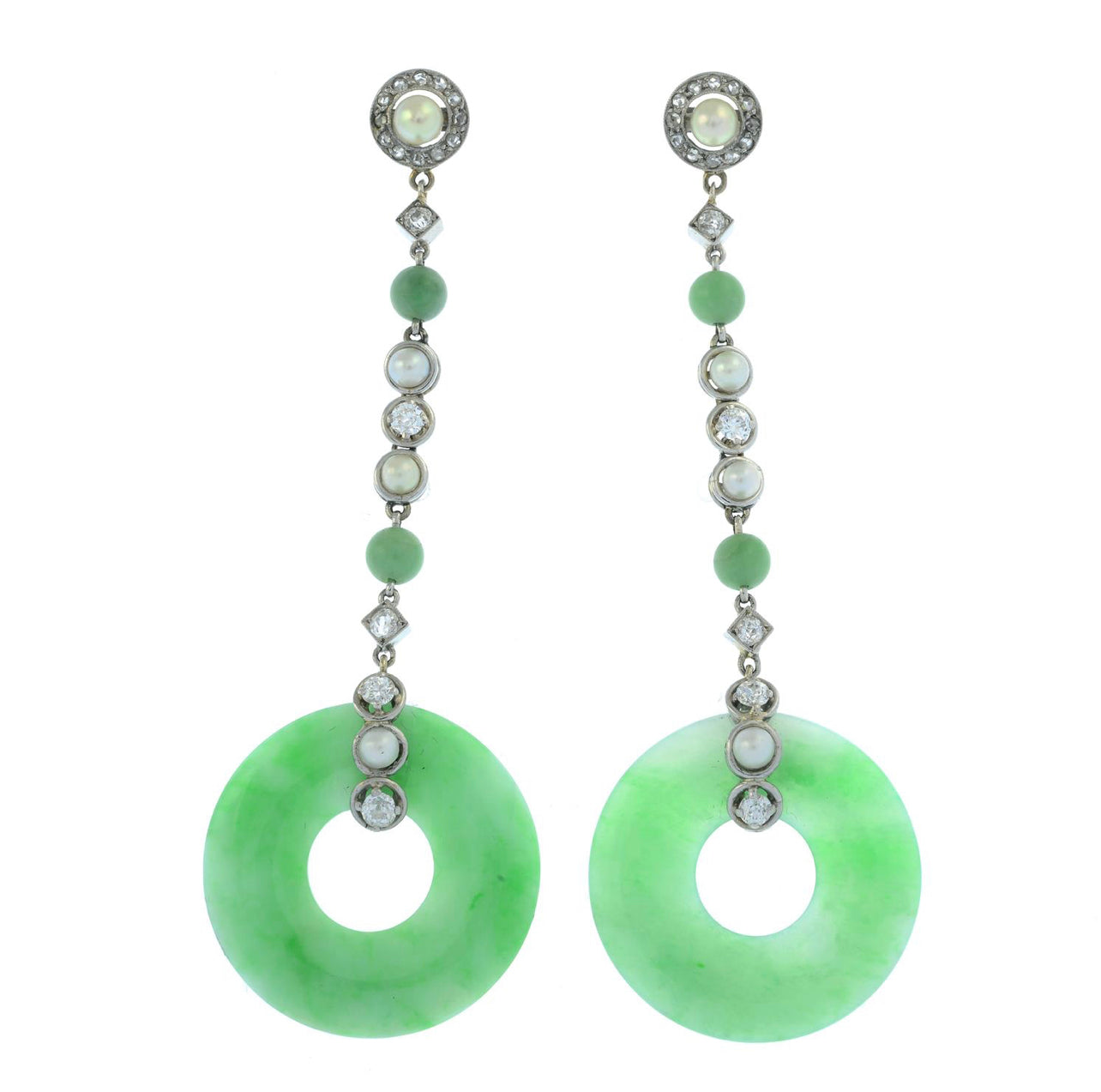 Art Deco Jade, Pearl and Diamond Drop Earrings - Wildsmith Jewellery Earrings