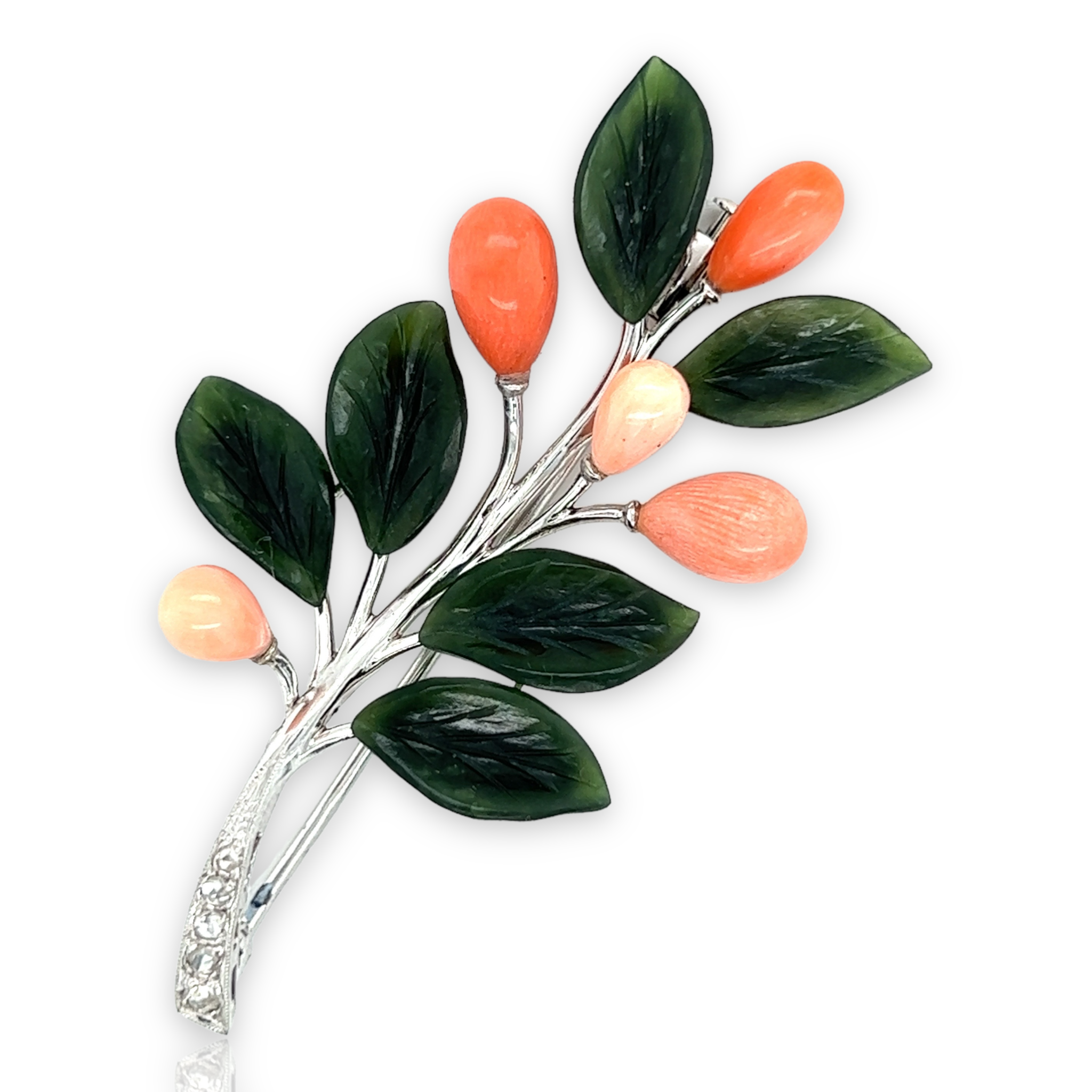 Coral & Nephrite Brooch - Wildsmith Jewellery Brooches & Lapel Pins