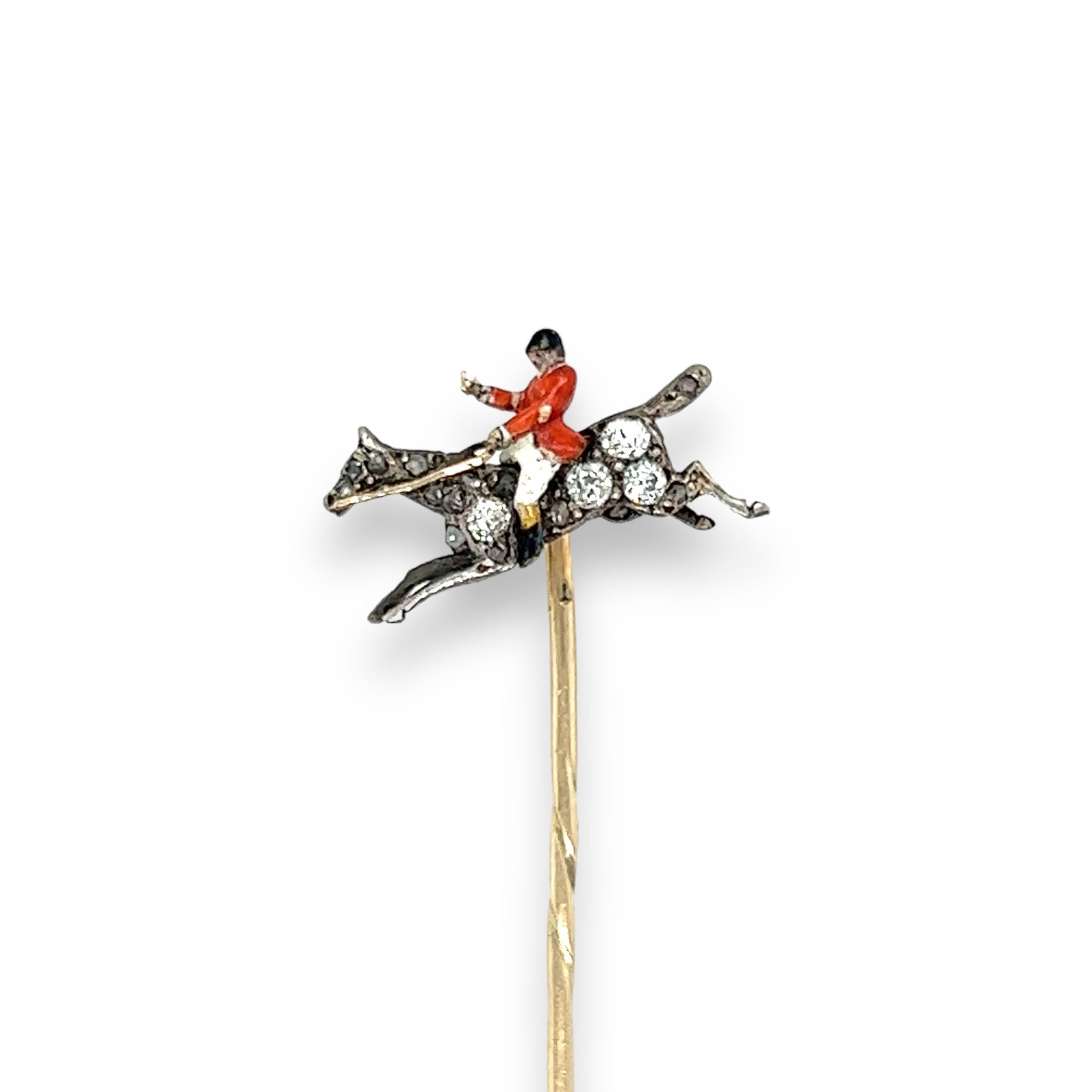 Edwardian Diamond & Enamel Fox Hunting Stickpin - Wildsmith Jewellery Stickpins