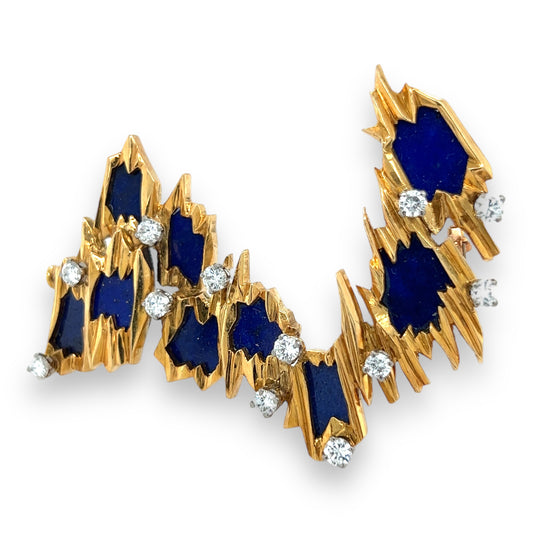 Vintage 18ct Gold & Lapis Lazuli Brooch set with Diamonds - Wildsmith Jewellery Brooches & Lapel Pins