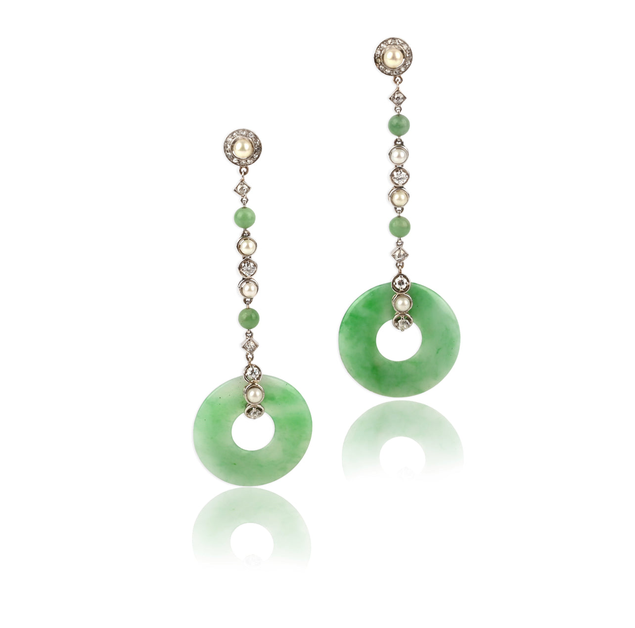 Art Deco Jade, Pearl and Diamond Drop Earrings - Wildsmith Jewellery Earrings